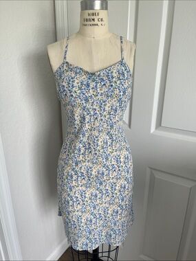 Have Blue and Cream Spaghetti-Strap Mini Dress Garden Floral Summer Cottage cute